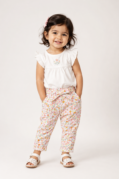 BABYSHOP baby pants, white with colorful fruit print, ankle-length, front view