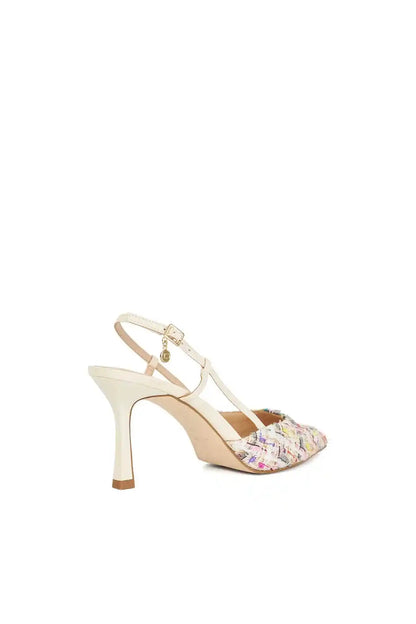 Multi-color fabric pointed-toe slingback stiletto heel shoe with ankle strap