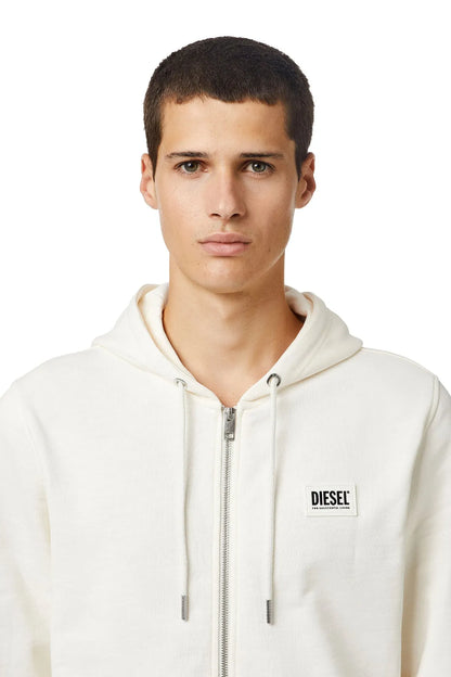 Diesel white zip-up hoodie close-up with drawstring hood and chest logo patch