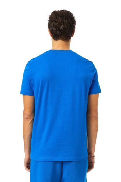 Blue crew-neck T-shirt, back view with plain fabric