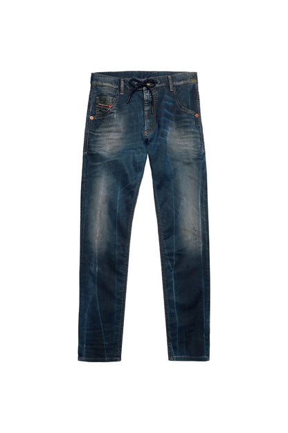 Diesel blue jeans, straight leg, mid-rise, dark wash with whisker details