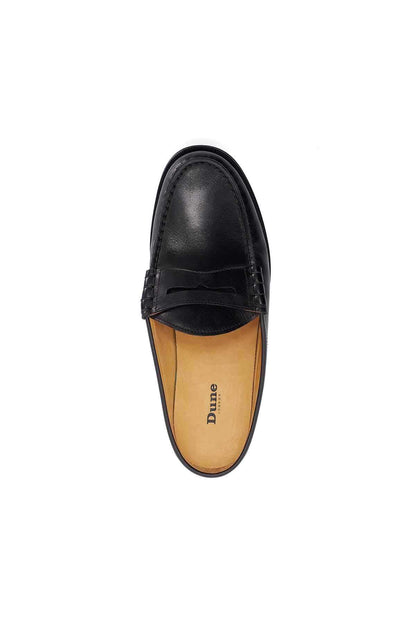 Black leather mule loafer with stitched moc toe and Dune logo in tan insole