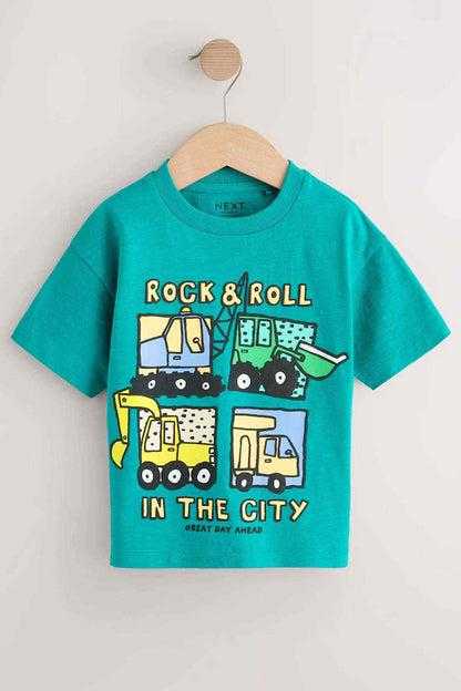 Teal blue kids graphic T-shirt with 'Rock & Roll in the City' truck and building print