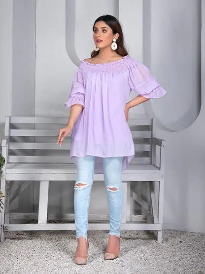Lilac peasant blouse with off-shoulder gathered yoke and short flutter sleeves