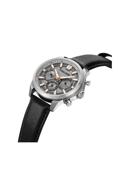 Police watch in silver-tone case with black leather strap and side buttons