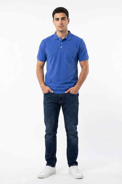 Men's royal blue polo shirt with button placket, short sleeves, and small chest logo