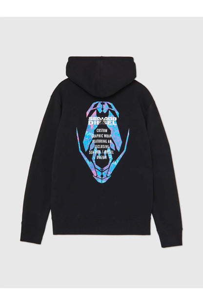 Black hoodie with large back graphic print in blue and pink