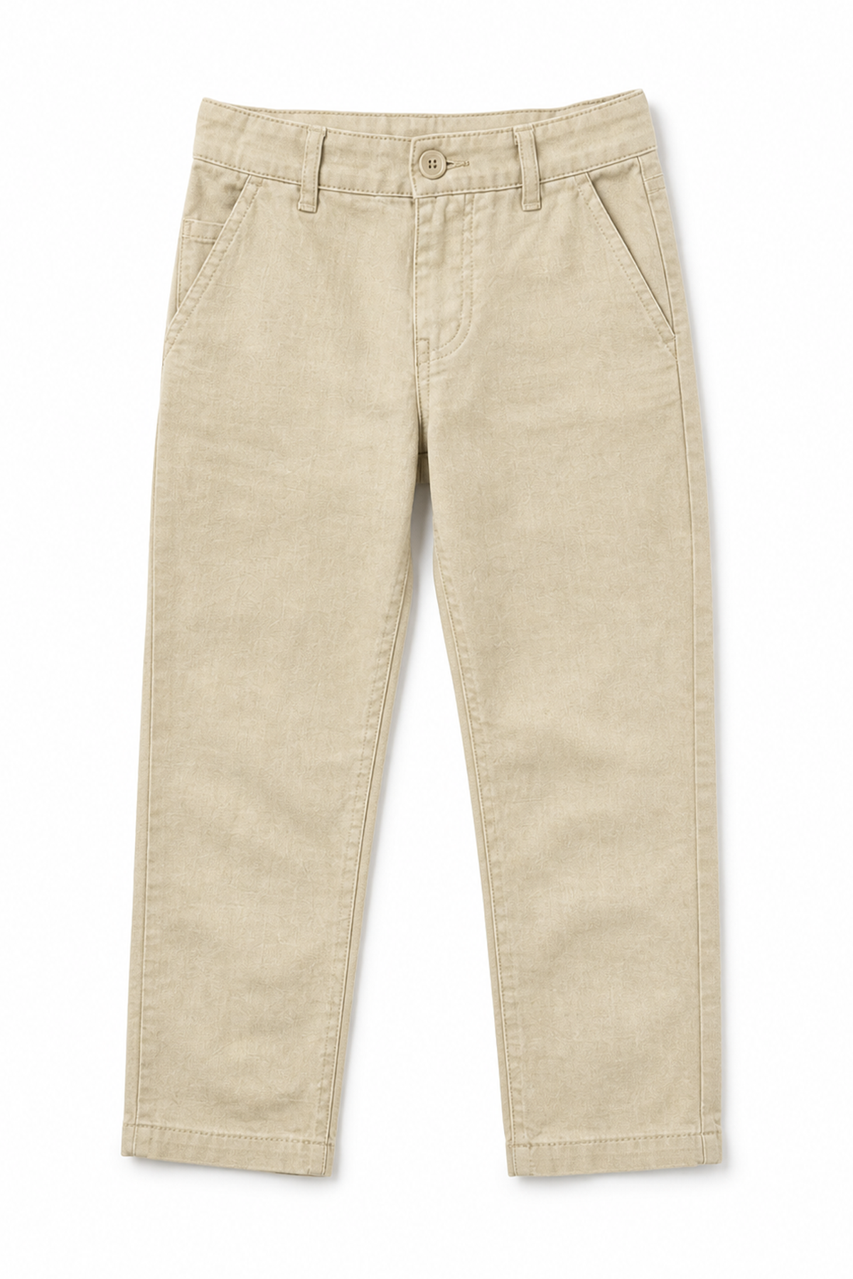 Beige cotton trousers with button front, belt loops, and side pockets
