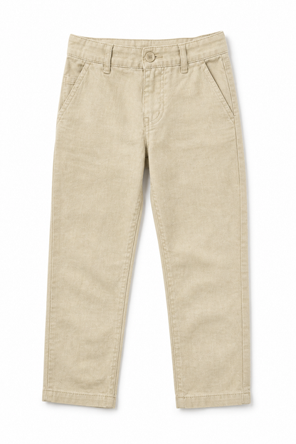 Beige cotton trousers with button front, belt loops, and side pockets
