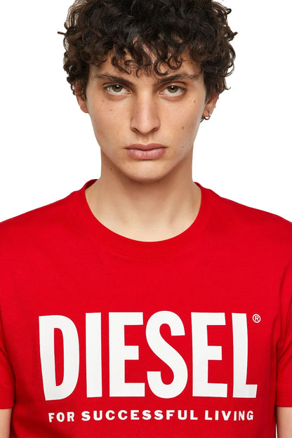 Red crewneck T-shirt with large white DIESEL logo and slogan
