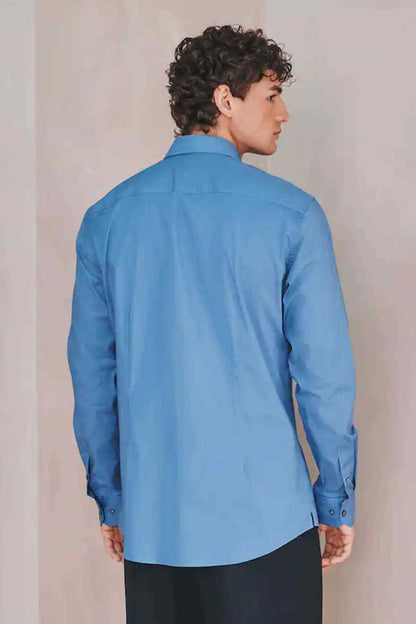 Men's blue dress shirt, back view with long sleeves