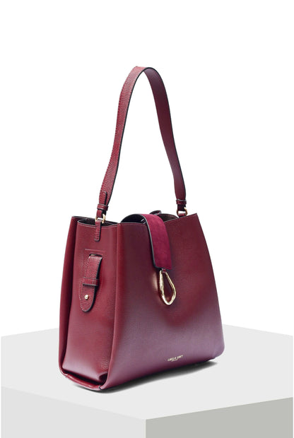 Berry leather shoulder tote with adjustable straps, front tab pocket, and gold ring