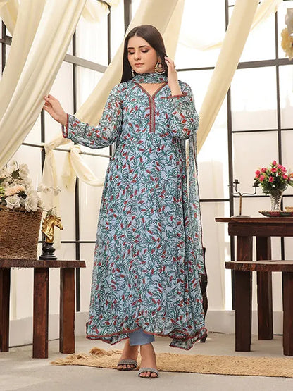 Teal floral print maxi dress with loose skirt and ruffled neckline