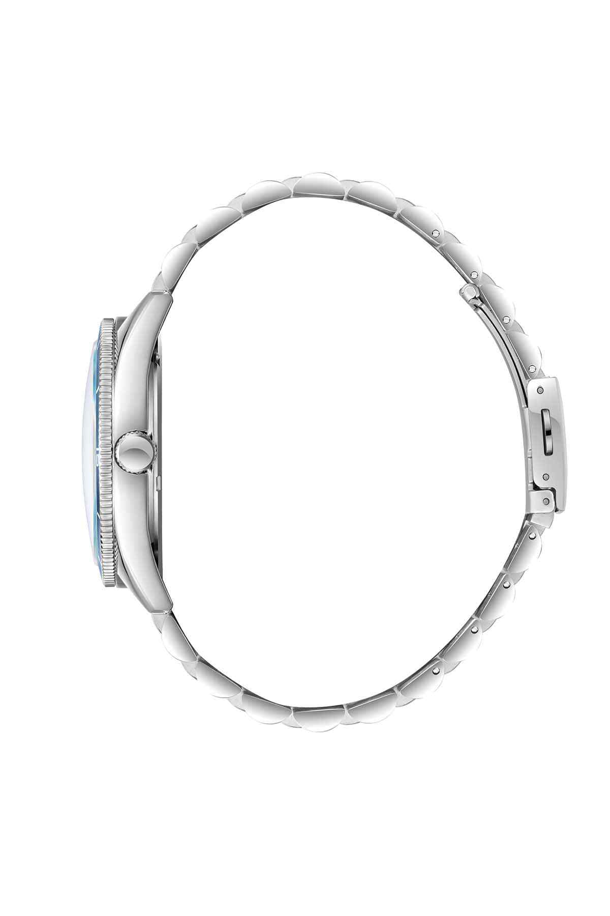 Stainless steel wristwatch side view with linked band and crown at the case