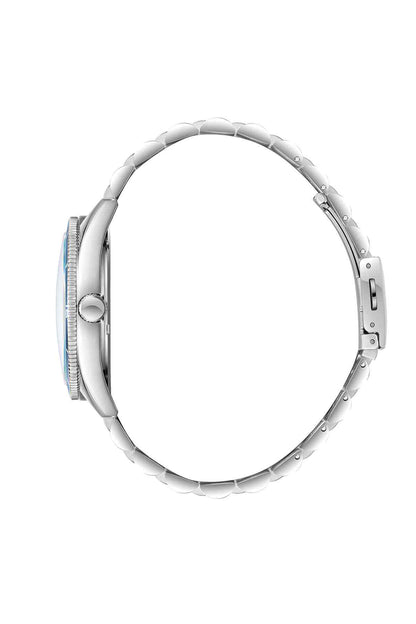 Stainless steel wristwatch side view with linked band and crown at the case