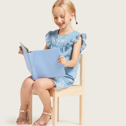 Blue baby dress with ruffled sleeves, white floral embroidery, bow detail