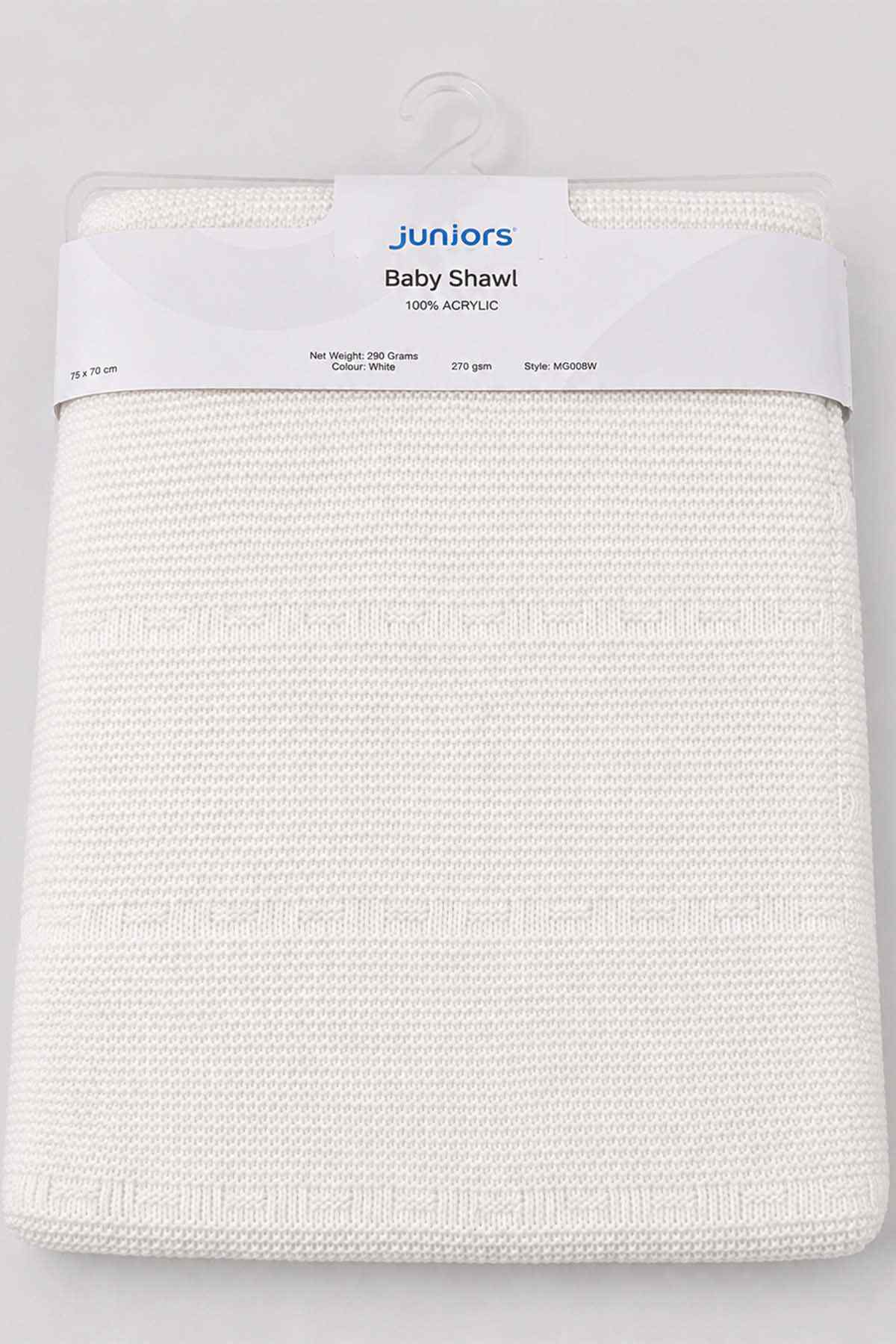 White textured baby shawl folded, visible label on top edge