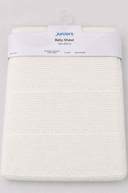 White textured baby shawl folded, visible label on top edge