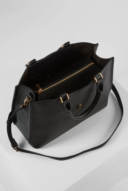 Black tote bag interior view with zipper and gold-tone trim, top handles