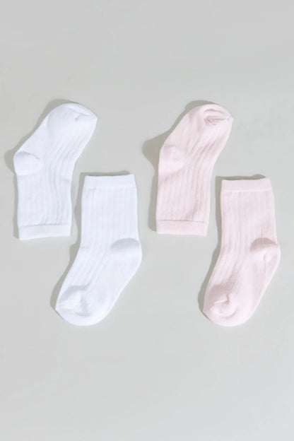 Pack of baby ankle socks: two white and two light pink, ribbed knit