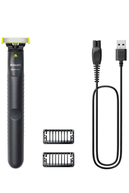 Black Philips OneBlade razor with charging cable and two blades