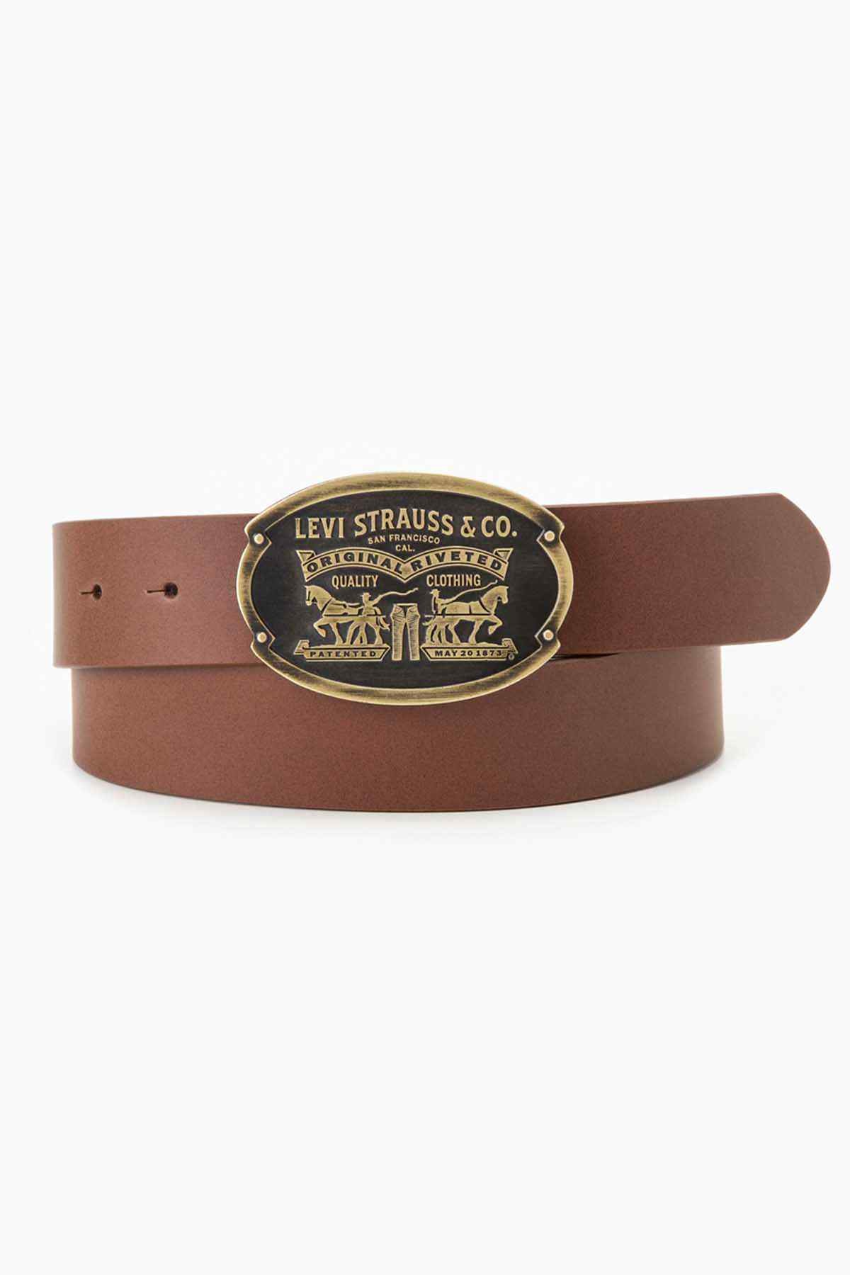 Brown leather belt with Levi's oval logo buckle, pin holes and keeper