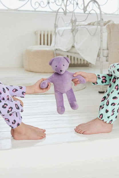 Purple and mint leopard-print long pajama set, kids playing with plush teddy