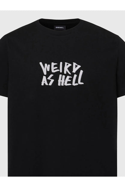 Black crew-neck T-shirt with large 'WEIRD AS HELL' chest text