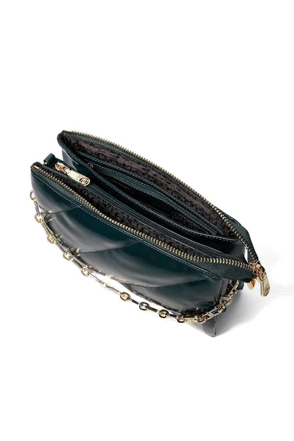 Dune London green leather crossbody bag, side view showing interior through open zipper