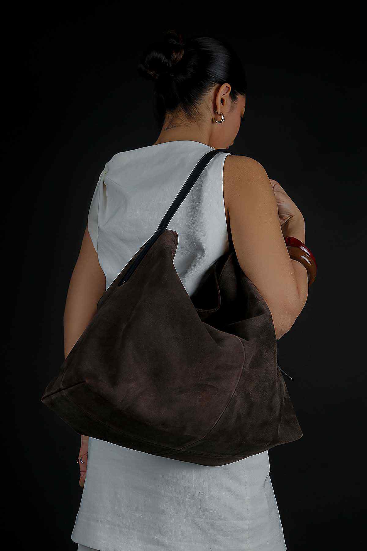 Dark moss suede shoulder hobo tote bag, back view with long handles