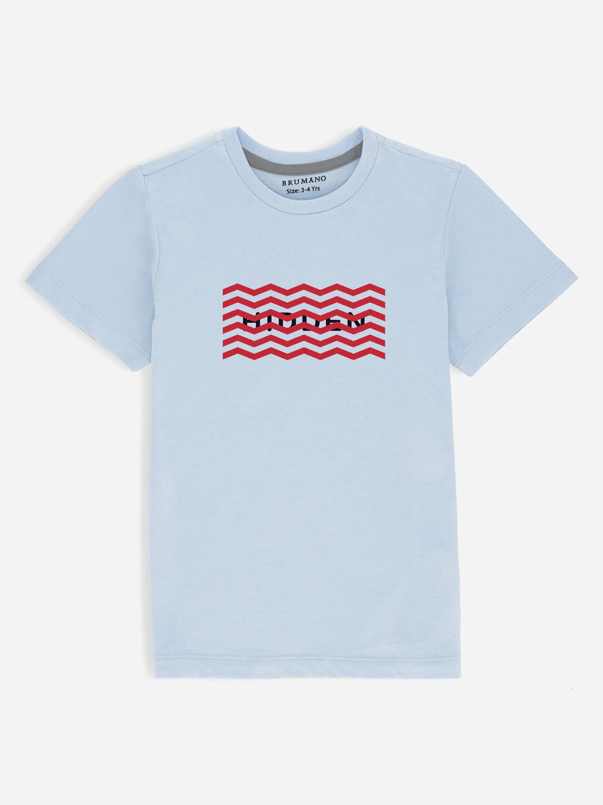 Blue cotton T-shirt with red zigzag front graphic
