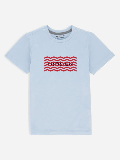 Blue cotton T-shirt with red zigzag front graphic