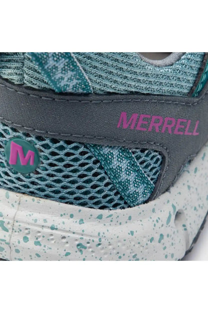 Merrell trail shoe side close-up: gray trim, teal mesh, purple M and MERRELL logo