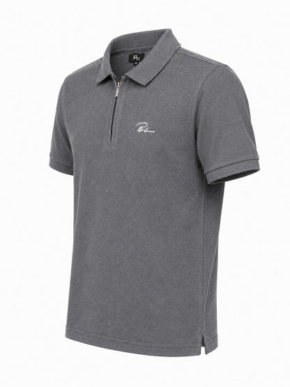 Men's charcoal polo shirt with half-zip and embroidered chest logo