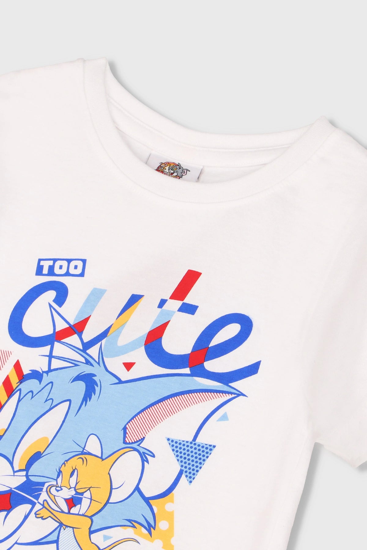 White T-shirt with colorful cartoon 'Cute' graphic and crew neck