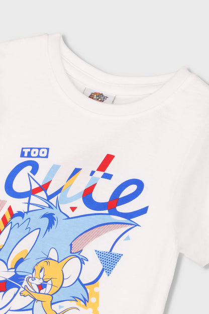 White T-shirt with colorful cartoon 'Cute' graphic and crew neck