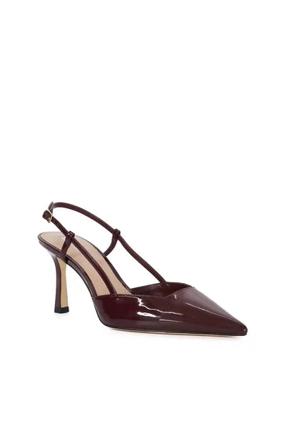 Burgundy patent pointed-toe slingback heels with stiletto heel and ankle strap