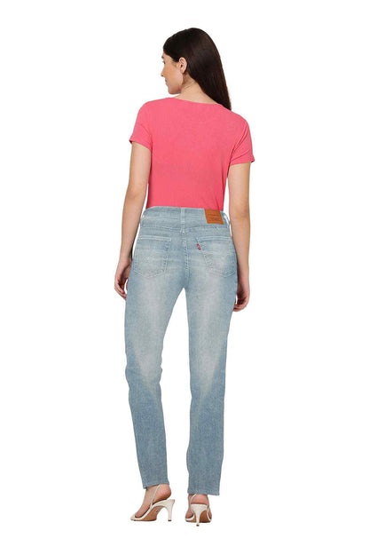 Light indigo Levi's denim jeans, back yoke, straight-leg, five-pocket, button fly