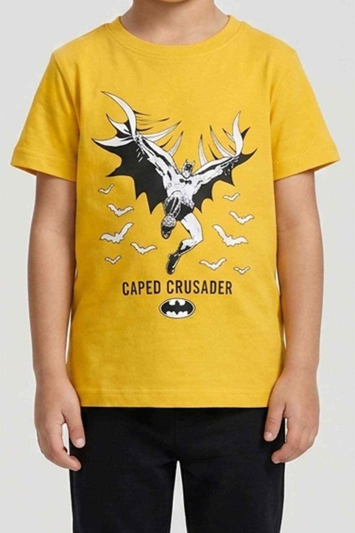 Kids yellow T-shirt with winged bat graphic and text CAPED CRUSADER; black joggers