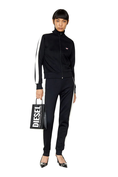 Black track pants with white side stripes, elastic waistband and ankle cuffs