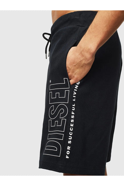 Black Diesel shorts with large DIESEL print and drawstring waistband