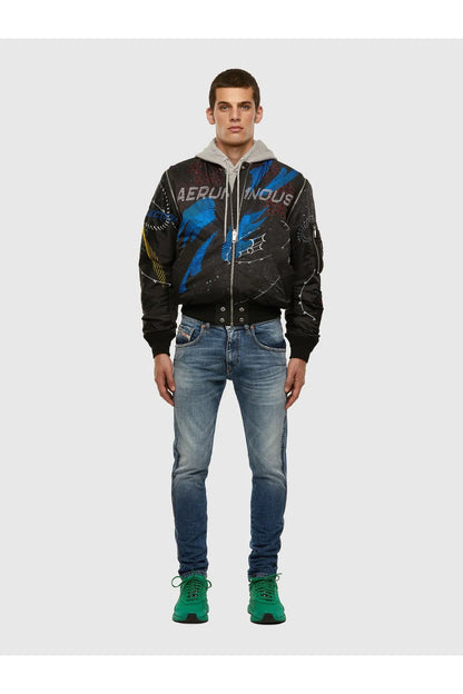 Diesel black bomber jacket with hood, front zip, graphic print