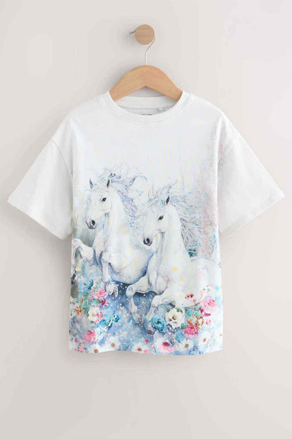 Kids' white T-shirt with blue horse and floral front panel print