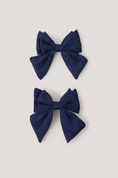 Navy fabric bow set with tied loops, two matching hair bows