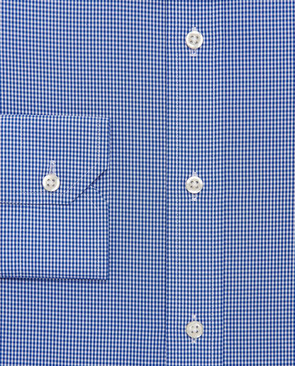 Dark blue micro-check dress shirt with visible buttons down center front