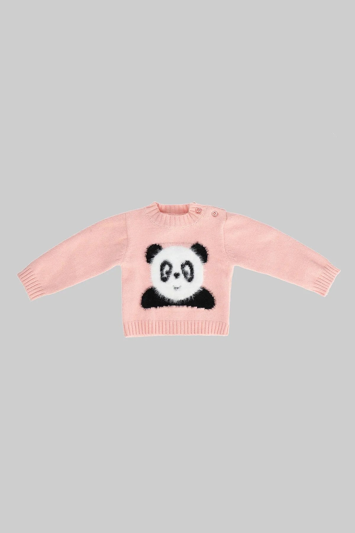 Pink knit baby sweater with panda face graphic, long sleeves