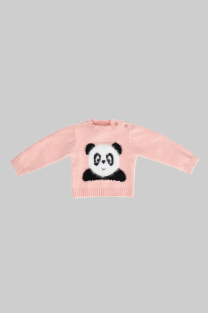 Pink knit baby sweater with panda face graphic, long sleeves