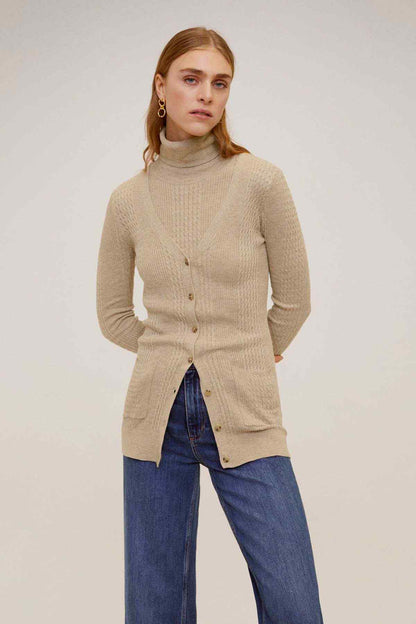 Light pastel grey button-front knit cardigan with high ribbed neck, long sleeves