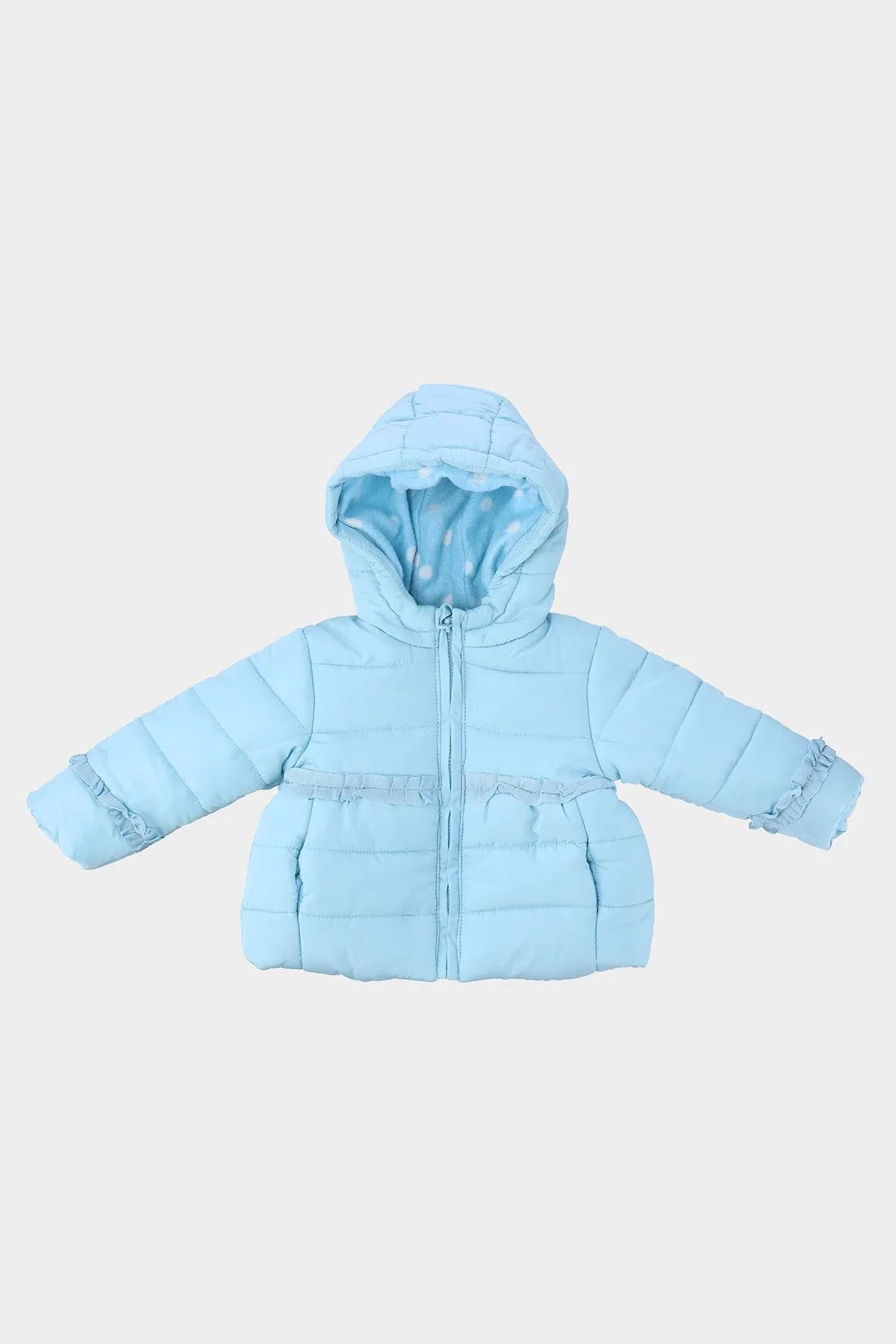 BABYSHOP light-blue padded hooded jacket with front zipper and ruffled cuffs