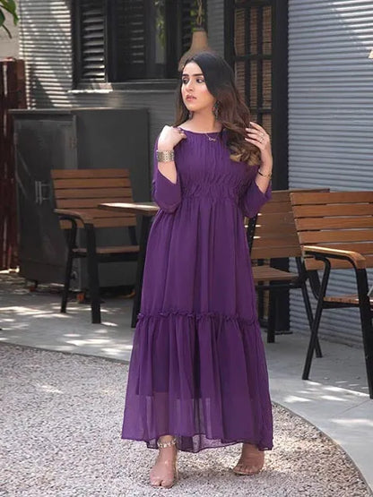 Purple 3/4-sleeve tiered dress with smocked bodice and layered ruffle skirt